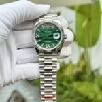 Rolex Day-Date 904L Steel Green Roman Dial CZ Diamonds 40mm Super Clone