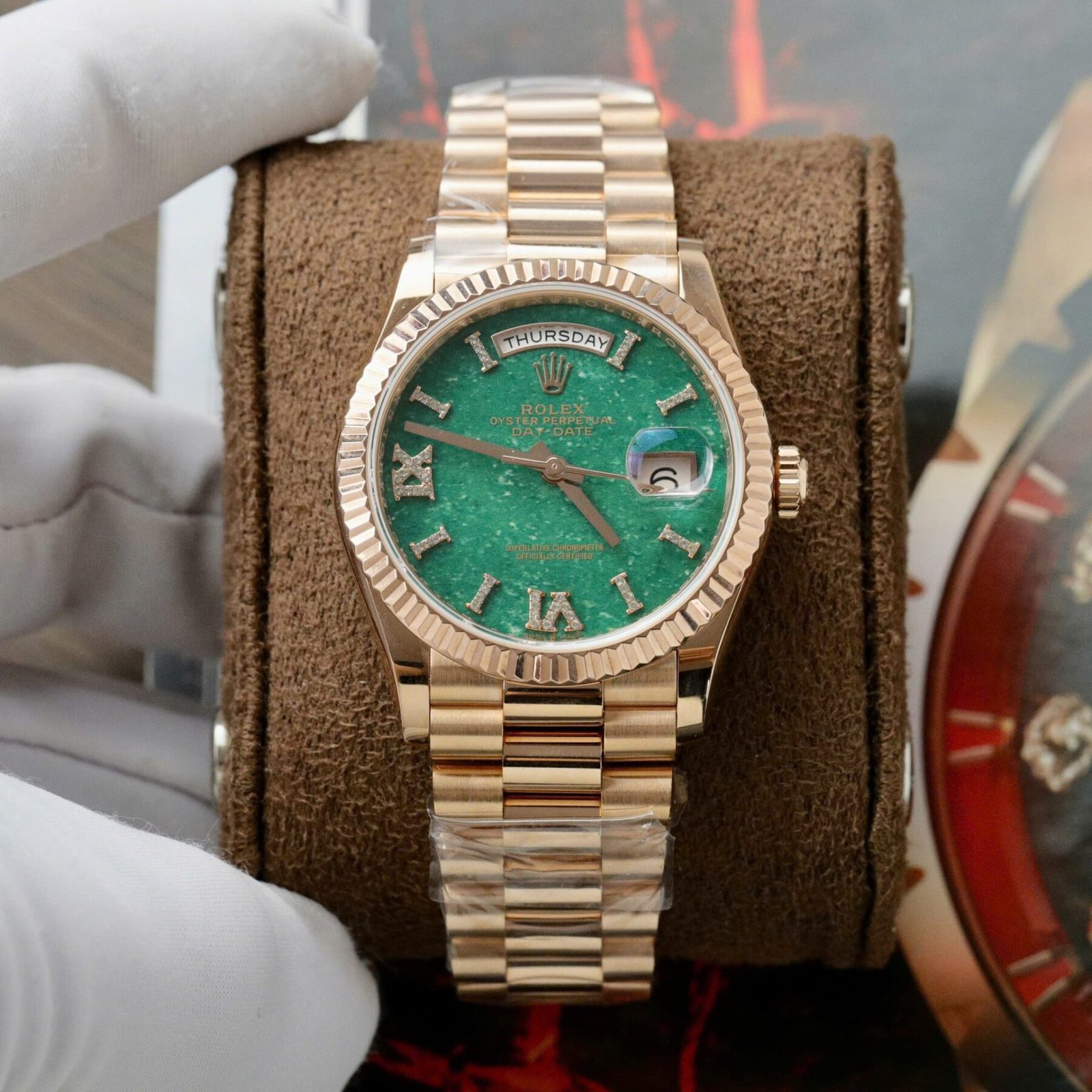 1750589079-432-1.jpg Rolex Day-Date 128235 RG Plated Green Dial CZ Diamonds 36mm Super Clone - 图片 1