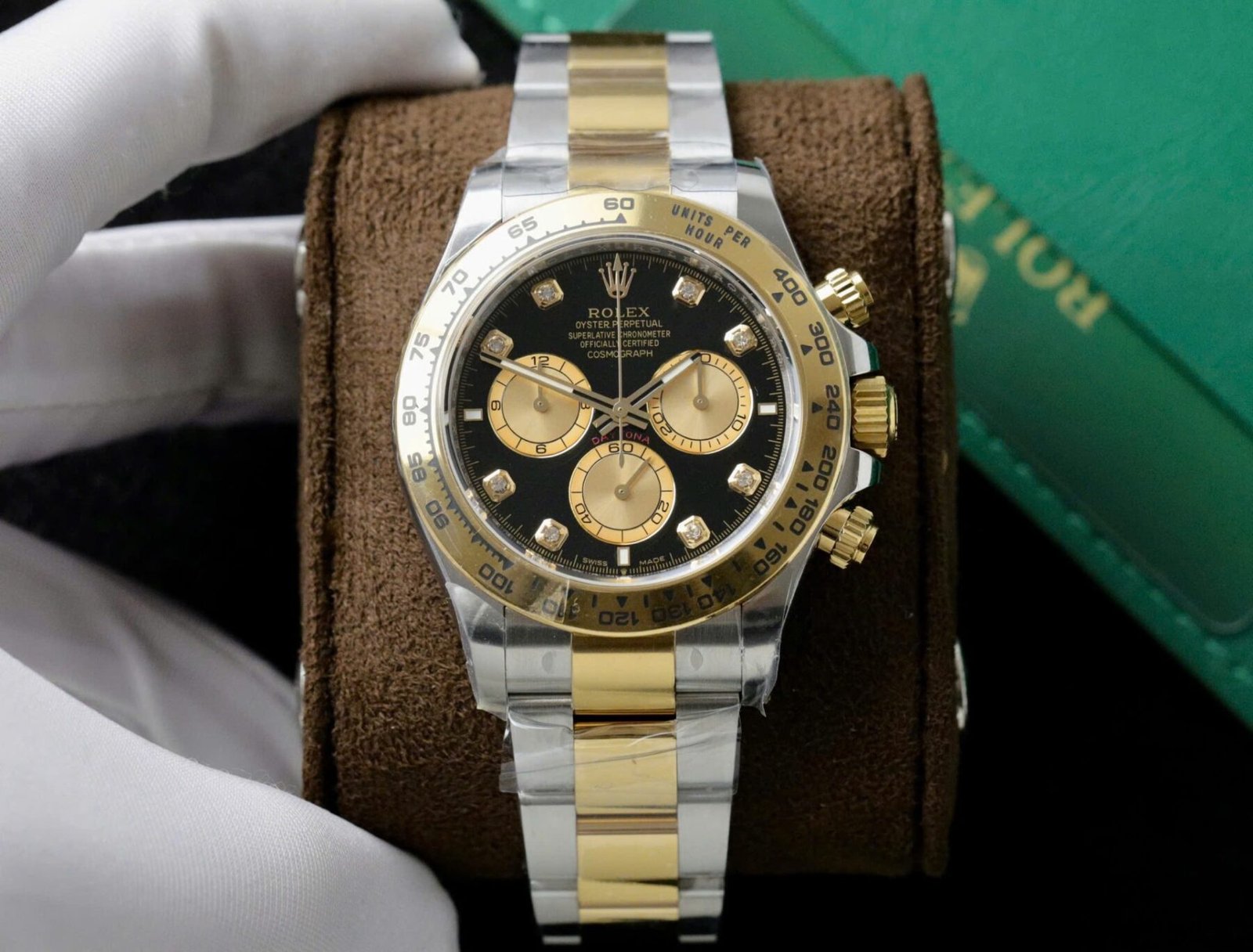 1750589150-459.jpg Rolex Daytona 126503 SS/YG Plated Black Dial CZ Diamonds 40mm Oyster Super Clone - 图片 1